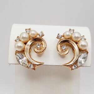 Vintage Crown Trifari Clip Earrings, Faux Pearls & Clear Rhinestones, Gold Tone